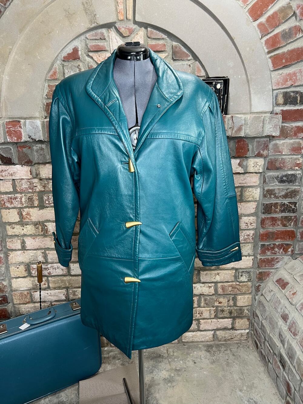 leather Jacket coat Jaqueline Ferrar teal green blue gold 1990s